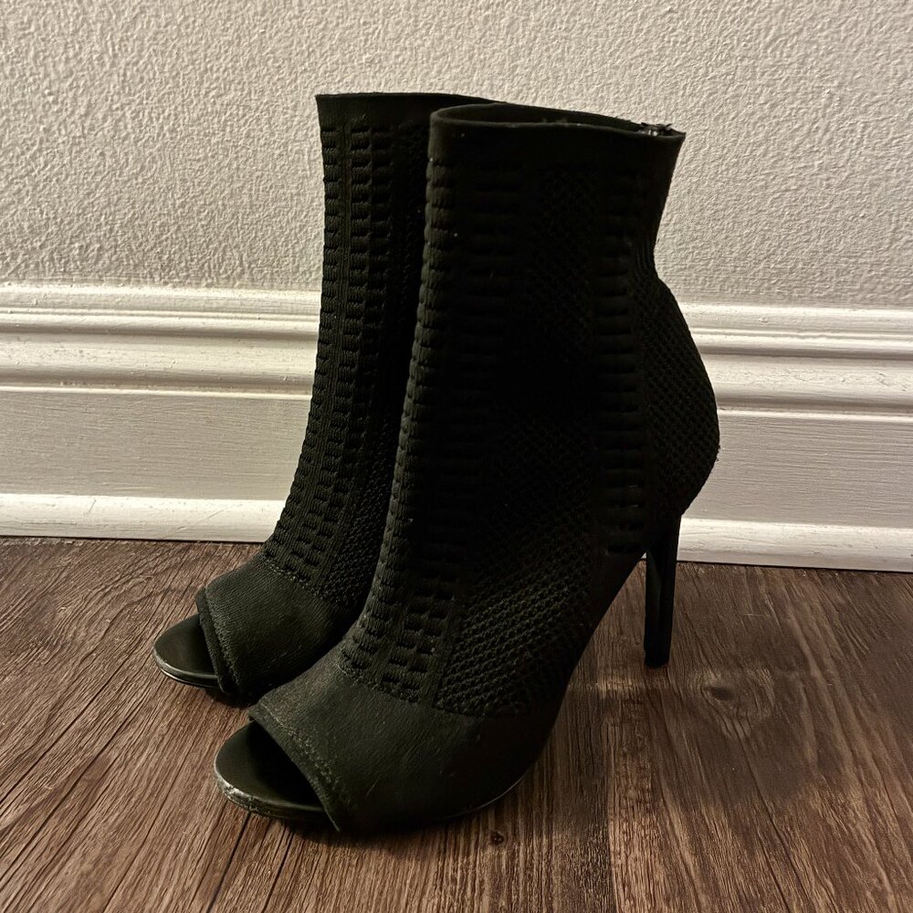 Peep Toe Sock High Heel Booties in Black - Size US 6